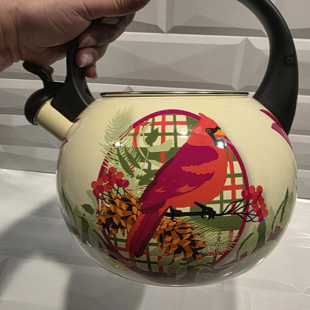 HTF Temp-tations Red Cardinal Whistling Tea Kettle Teapot  Stovetop NEW